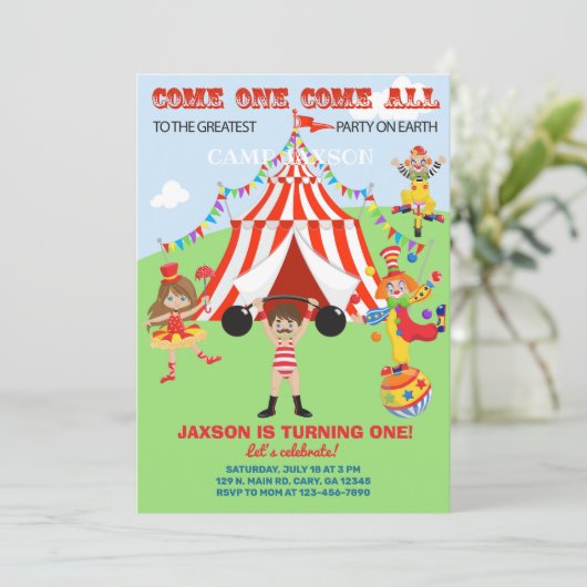 Circus jongen verjaardagsuitnodiging, uitnodiging. kaart (Staand voorkant)