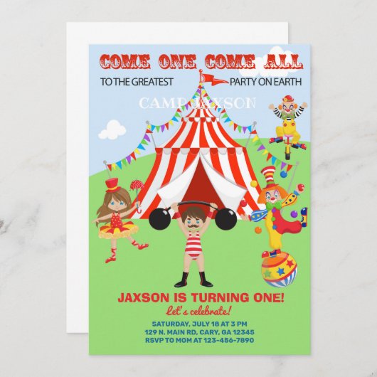 Circus jongen verjaardagsuitnodiging, uitnodiging. kaart (Voorkant / Achterkant)