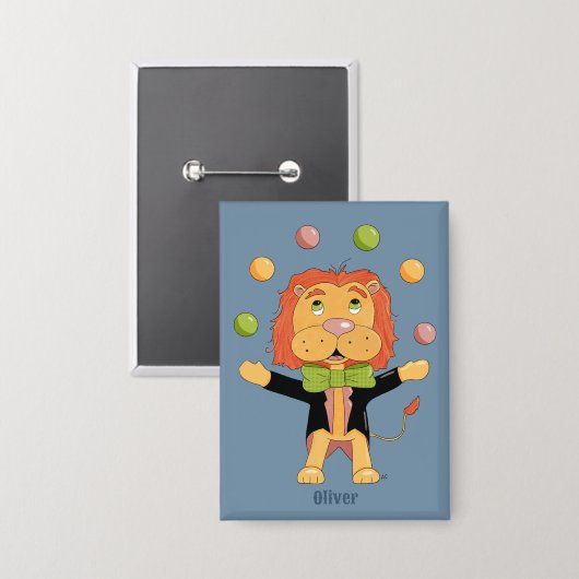 Circus Juggling Lion Kid Blue Button with Name (Voorkant / Achterkant)