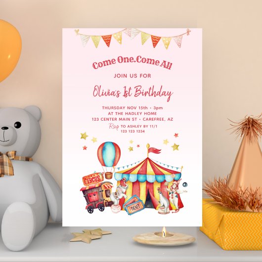 Circus Kermis Meisjes 1e Verjaardag Kaart
