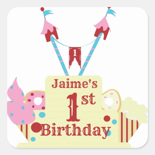 Circus Kermis Taart Eerste Verjaardag Vierkante Sticker (Voorkant)