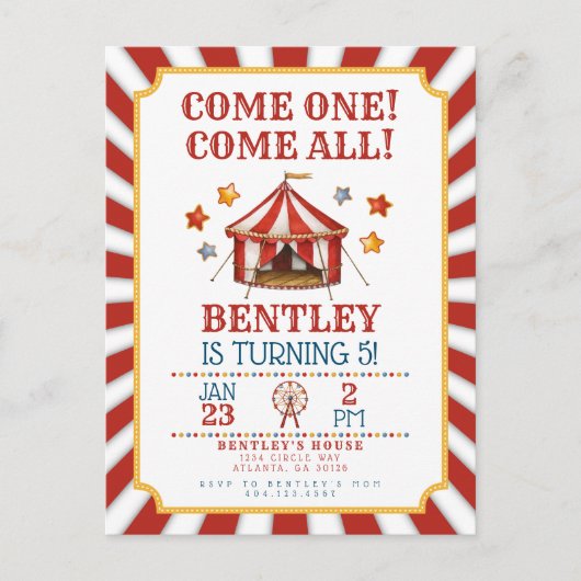 Circus Kermis Verjaardagsuitnodiging Briefkaart (Voorkant)