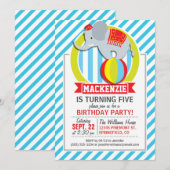 Circus Olifant op Bal; Baby Blauw & Witte Strepen Kaart (Voorkant / Achterkant)