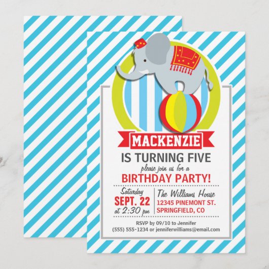 Circus Olifant op Bal; Baby Blauw & Witte Strepen Kaart (Voorkant / Achterkant)