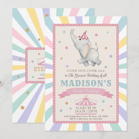 Circus Olifant Verjaardagsfeestje Uitnodiging (Voorkant / Achterkant)