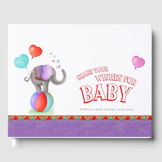 Circus olifant waterverf baby shower paarse gastenboek (Voorkant)