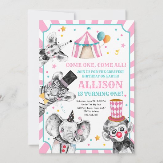 Circus Party Animals Carnaval First Birthday Kaart (Voorkant)