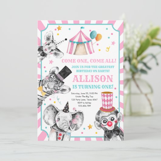 Circus Party Animals Carnaval First Birthday Kaart (Staand voorkant)