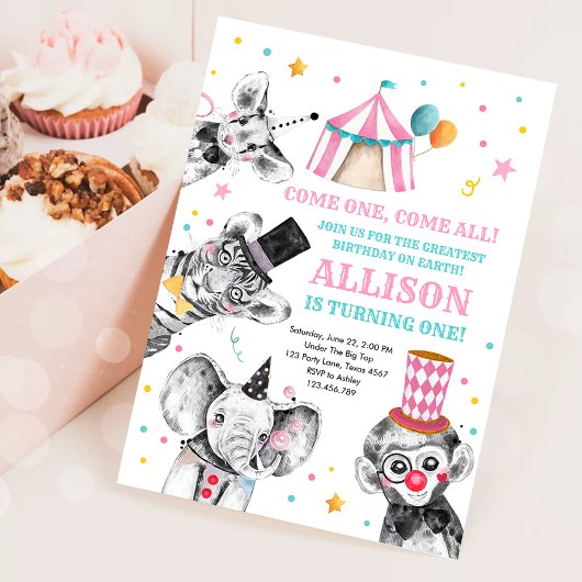 Circus Party Animals Carnaval First Birthday Kaart