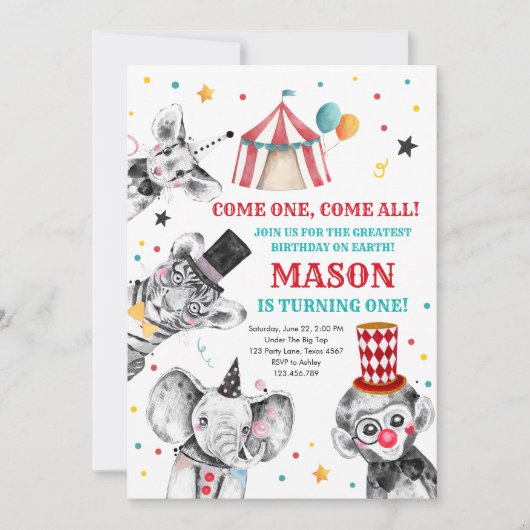 Circus Party Animals Carnaval First Birthday Kaart (Voorkant)