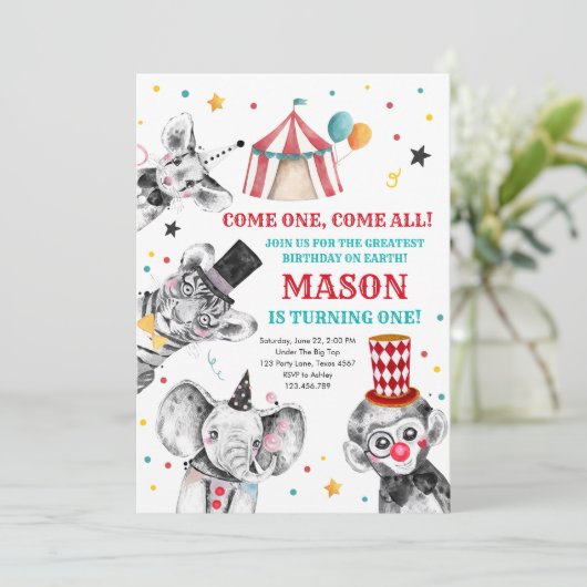 Circus Party Animals Carnaval First Birthday Kaart (Staand voorkant)