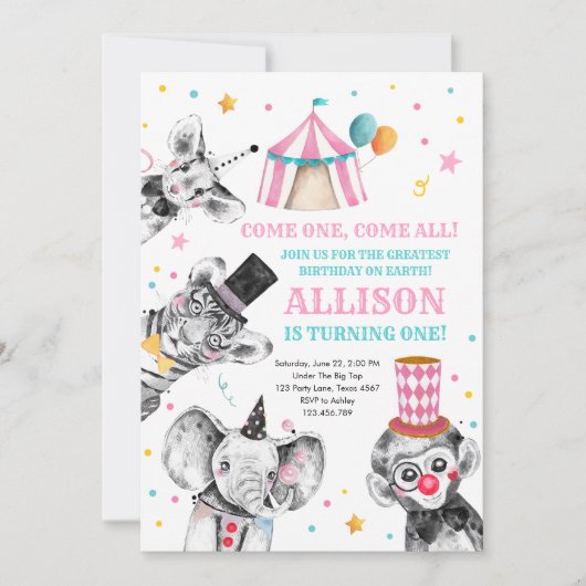 Circus Party Animals Carnaval First Birthday Kaart (Voorkant)