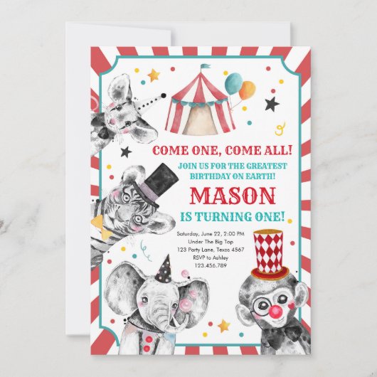 Circus Party Animals Carnaval First Birthday Kaart (Voorkant)