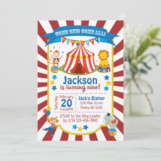 Circus Party Invitation - Circus Birthday Invite Kaart (Staand voorkant)