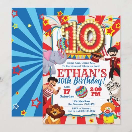 Circus Party Invitation for 10th Birthday Kaart (Voorkant / Achterkant)
