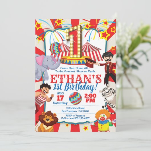 Circus Party Invitation for 1st Birthday Kaart (Staand voorkant)