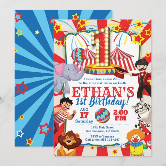 Circus Party Invitation for 1st Birthday Kaart (Voorkant / Achterkant)