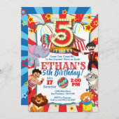 Circus Party Invitation for 5th Birthday Kaart (Voorkant / Achterkant)