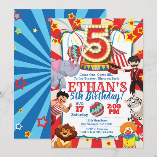 Circus Party Invitation for 5th Birthday Kaart (Voorkant / Achterkant)