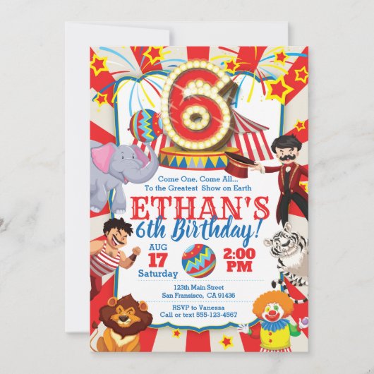 Circus Party Invitation for 6th Birthday Kaart (Voorkant)