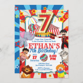 Circus Party Invitation for 7th Birthday Kaart (Voorkant / Achterkant)