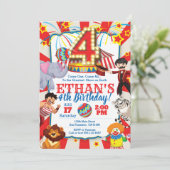 Circus Party Uitnodiging voor 4e verjaardag (Staand voorkant)