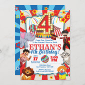 Circus Party Uitnodiging voor 4e verjaardag (Voorkant / Achterkant)