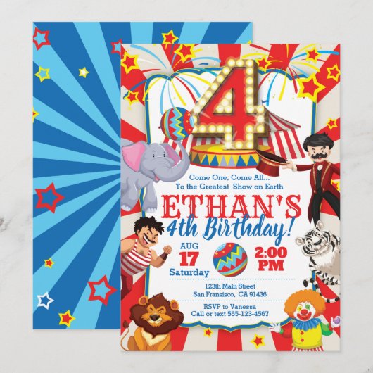 Circus Party Uitnodiging voor 4e verjaardag (Voorkant / Achterkant)