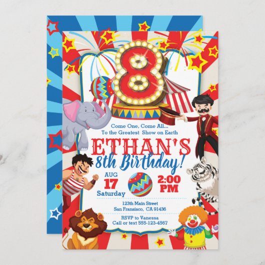 Circus Party Uitnodiging voor 8e Verjaardag (Voorkant / Achterkant)