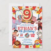 Circus Party Uitnodiging voor 9e verjaardag (Voorkant)