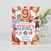 Circus Party Uitnodiging voor 9e verjaardag (Staand voorkant)