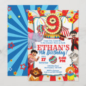 Circus Party Uitnodiging voor 9e verjaardag (Voorkant / Achterkant)