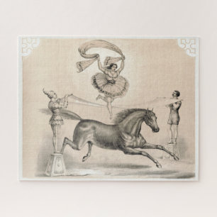 Circus performer springen over een groot lint legpuzzel