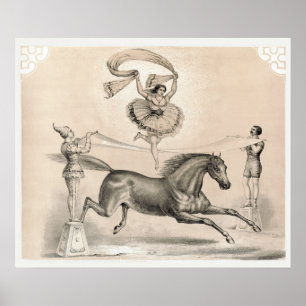 Circus performer springen over een groot lint poster