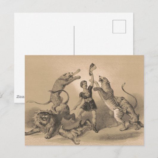 Circus performer staande tussen gemene dieren briefkaart (Voorkant / Achterkant)