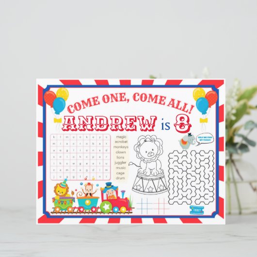 Circus placemats, carnaval activiteitsblad (Staand voorkant)