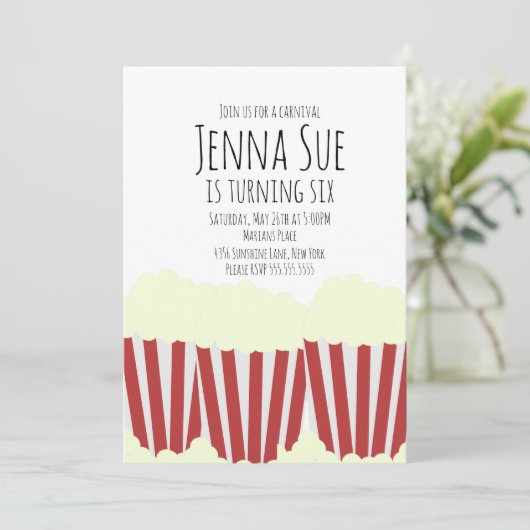 Circus Popcorn carnaval Birthday Uitnodiging (Staand voorkant)
