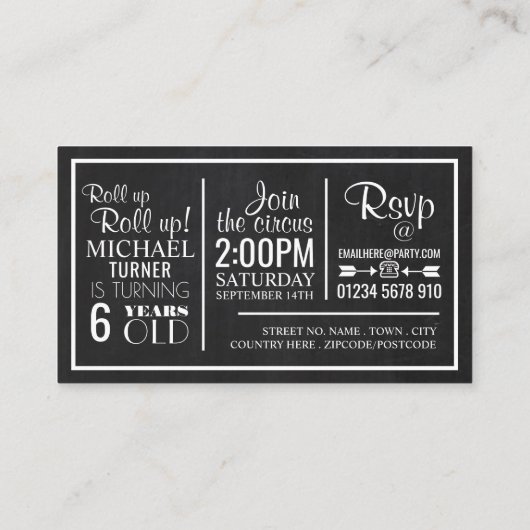 Circus Poster, Kind Birthday Party Ticket Informatiekaartje (Achterkant)