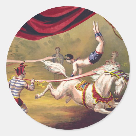Circus poster met acrobaat die op paard presteert ronde sticker (Voorkant)