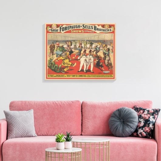 Circus Poster toont de amusante capriolen van clow Canvas Afdruk (Insitu (Woonkamer))