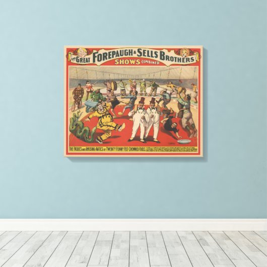 Circus Poster toont de amusante capriolen van clow Canvas Afdruk (Insitu (Houten vloer))
