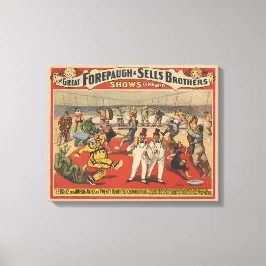 Circus Poster toont de amusante capriolen van clow Canvas Afdruk (Voorkant)
