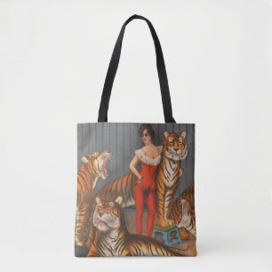 circus Poster van vrouw met zes tijgers. Tote Bag