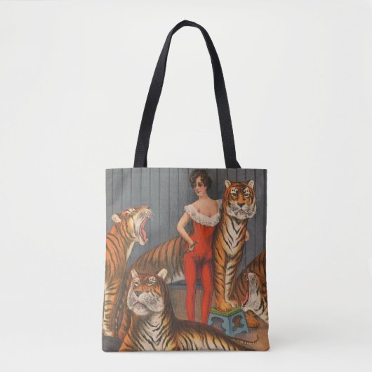  circus Poster van vrouw met zes tijgers. Tote Bag (Voorkant)