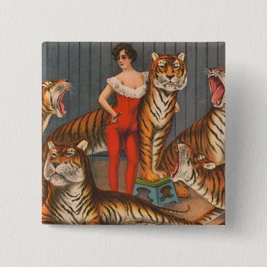  circus Poster van vrouw met zes tijgers. Vierkante Button 5,1 Cm (Voorkant)