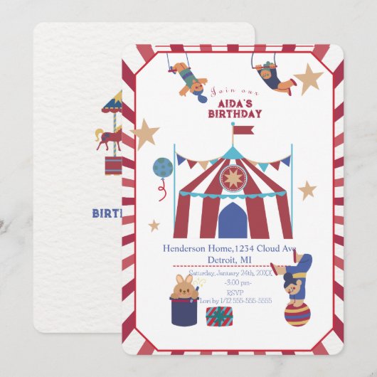 Circus Spectaculaire Verjaardag Uitnodiging (Voorkant / Achterkant)