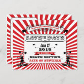Circus Steampunk Wedding Bewaar de datum rood Aankondigingskaart (Voorkant / Achterkant)