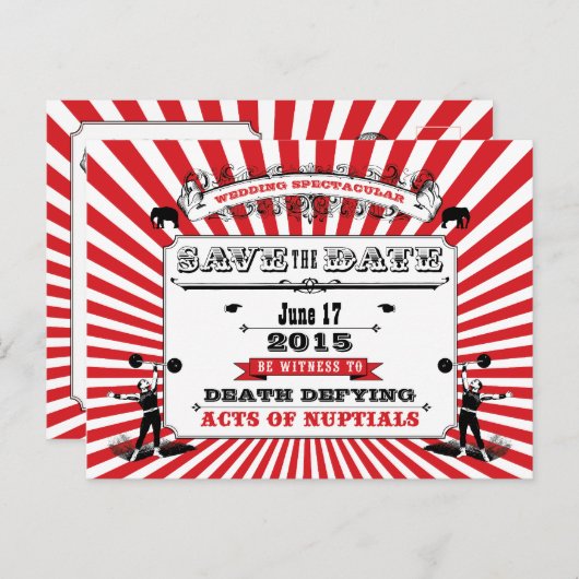 Circus Steampunk Wedding Bewaar de datum rood Aankondigingskaart (Voorkant / Achterkant)