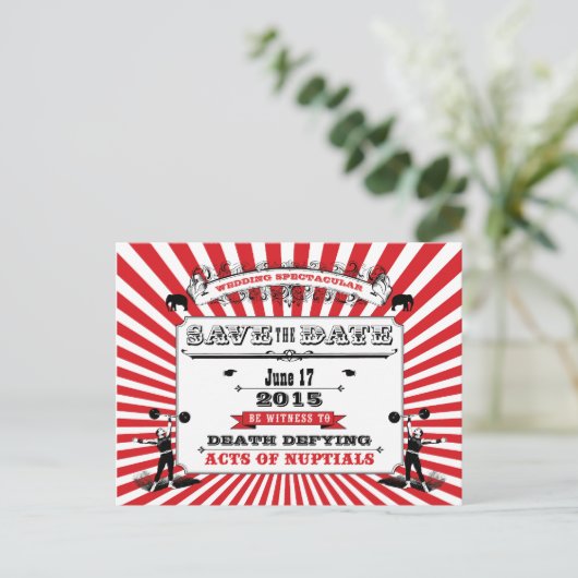 Circus Steampunk Wedding Bewaar de datum rood Aankondigingskaart (Staand voorkant)