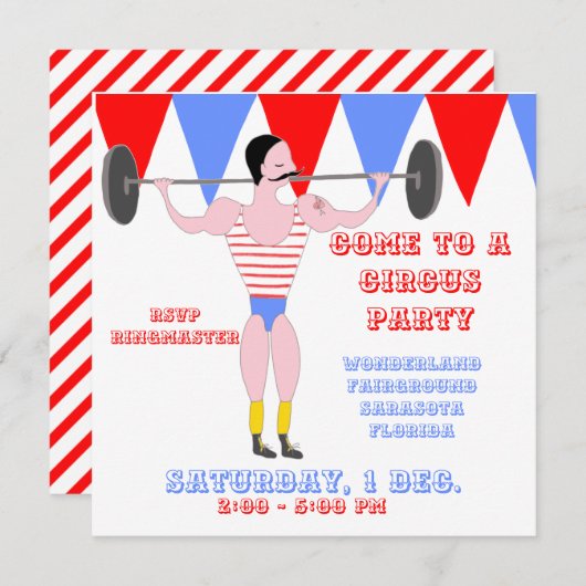 Circus Sterk Man Rode Circus Tent Stripe Party Kaart (Voorkant / Achterkant)